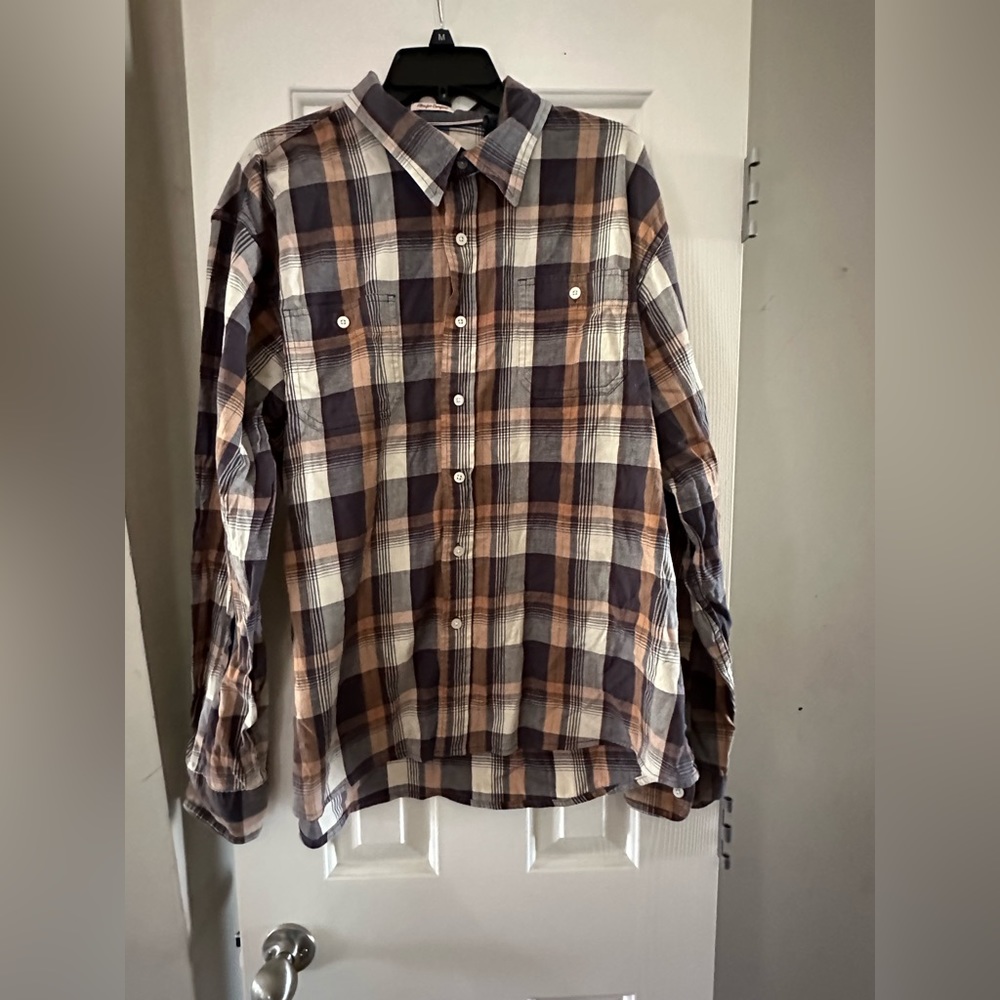 Wrangler flex For Comfort Brown Blue Plaid Button Down Men's Shirt XXL